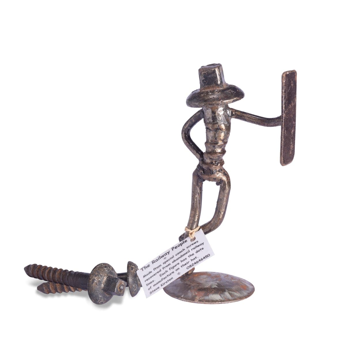 Leaning Person with Screws sculpture